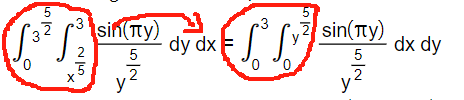 5
₂2³
S
W
0
25
sin(πty)
5
2
y
dy dx F
5
3
S²³ S ² dx dy
2 sin(ty)
5
2