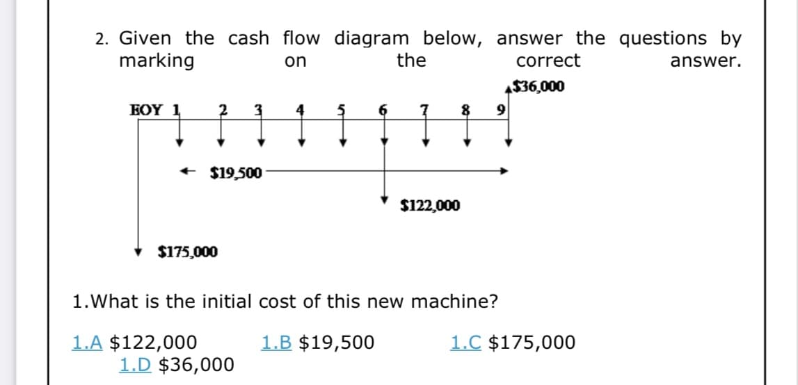 2. Given the cash flow diagram below, answer the questions by
marking
on
correct
$36,000
ΕΟΥ 1
2
$175,000
← $19,500
3
1.D $36,000
6
the
$122,000
8
9
1. What is the initial cost of this new machine?
1.A $122,000
1.B $19,500
1.C $175,000
answer.