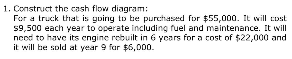 1. Construct the cash flow diagram:
For a truck that is going to be purchased for $55,000. It will cost
$9,500 each year to operate including fuel and maintenance. It will
need to have its engine rebuilt in 6 years for a cost of $22,000 and
it will be sold at year 9 for $6,000.