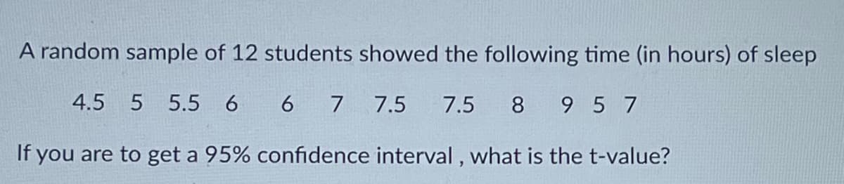 A random sample of 12 students showed the following time (in hours) of sleep
4.5 5 5.5 6
6 7 7.5 7.5
8 9 5 7
If you are to get a 95% confidence interval , what is the t-value?
