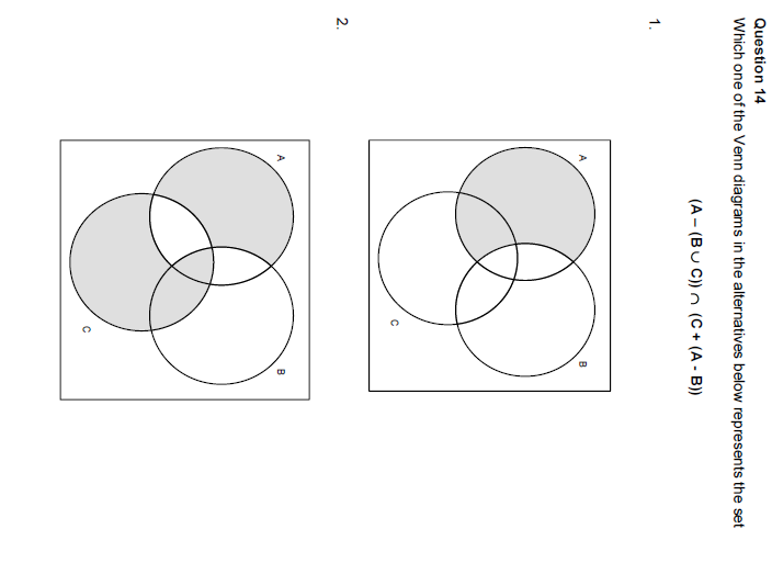 Question 14
Which one of the Venn diagrams in the alternatives below represents the set
(A-(BUC)) n (C+ (A - B))
1.
N
2.
B
D
O
B