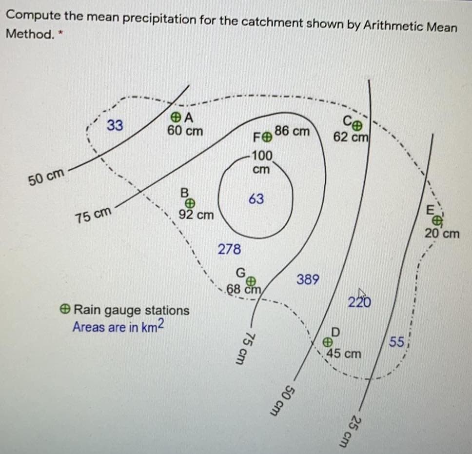 Compute the mean precipitation for the catchment shown by Arithmetic Mean
Method. *
A
60 cm
Ce
62 cm
33
86 cm
FO
100
cm
50 cm
63
92 cm
75 cm
20 cm
278
389
68 cm
220
O Rain gauge stations
Areas are in km2
55i
45 cm
25 cm
50 cm
75 cm
