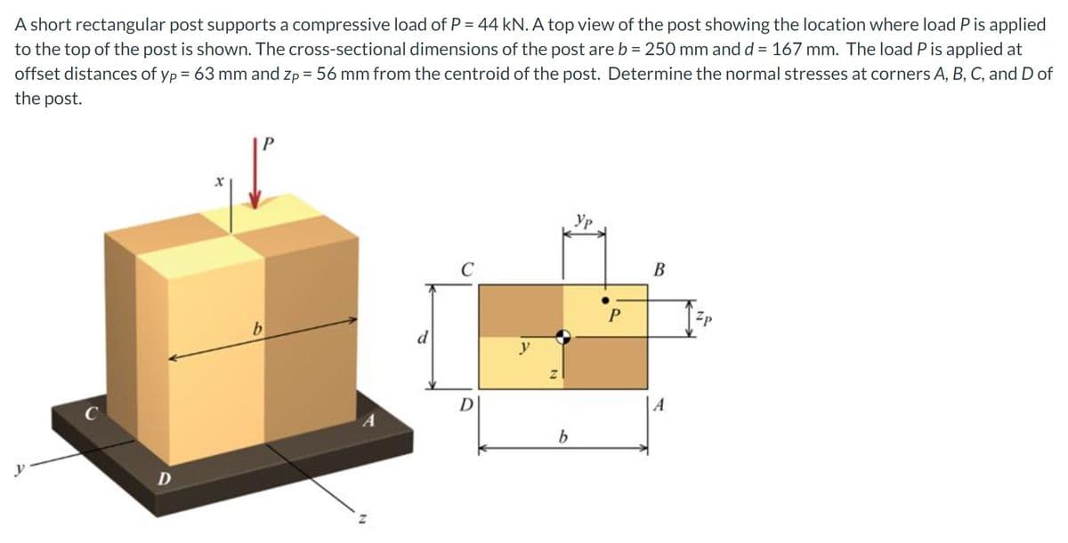 A short rectangular post supports a compressive load of P = 44 kN. A top view of the post showing the location where load P is applied
to the top of the post is shown. The cross-sectional dimensions of the post are b = 250 mm and d = 167 mm. The load P is applied at
offset distances of yp = 63 mm and zp = 56 mm from the centroid of the post. Determine the normal stresses at corners A, B, C, and D of
the post.
C
D
X
b
C
D
y
b
P
B