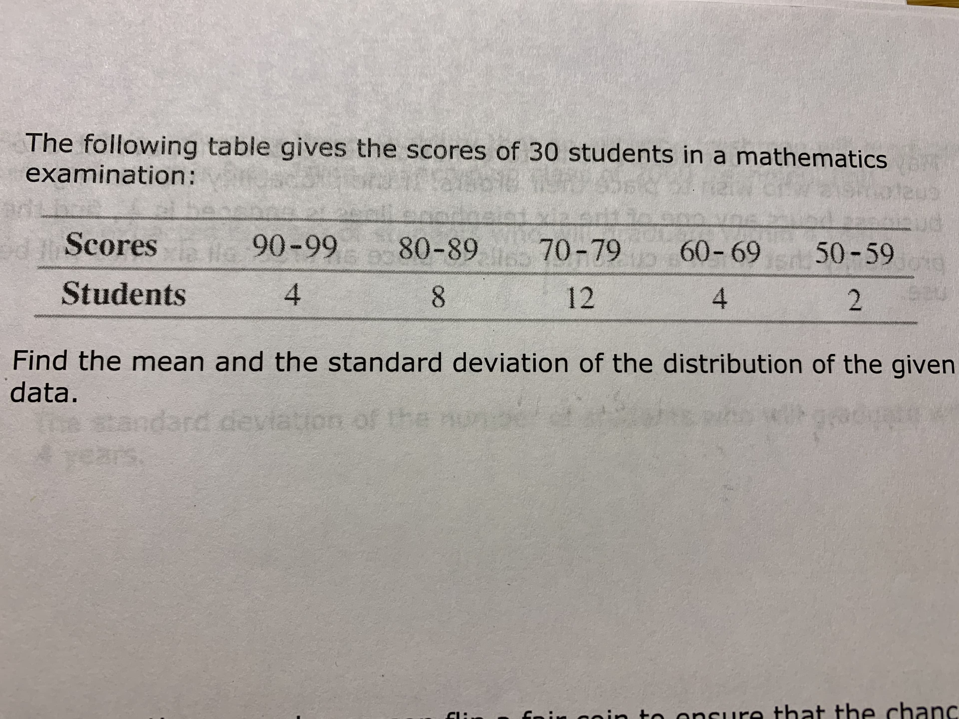 The following table gives the scores of 30 students in a mathematics
examination:
Scores
90-99
50-59
80-89
70-79
60-69
Students
8.
12
Find the mean and the standard deviation of the distribution of the given
data.
tandard deviation of the no
years,
noin to ensure that the chanc
4.
