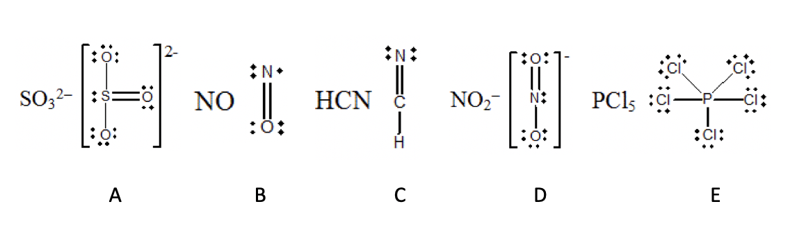 *N+
NO | HCN
||
PCI5 :c-
SO3?- |:$=
NO2-
:ö:
:či:
A
В
D
E
