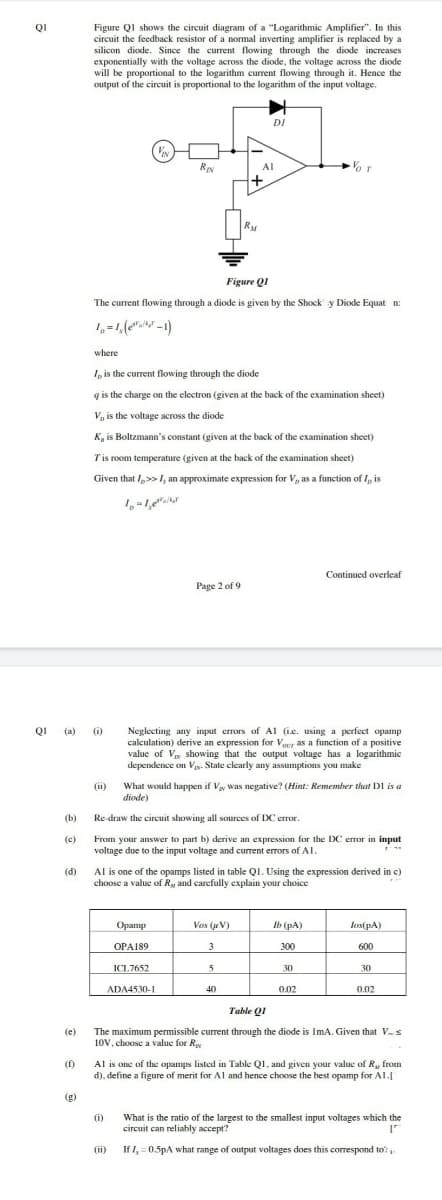 Figure QI shows the circuit diagram of a "Logarithmic Amplifier". In this
circuit the feedback resistor of a normal inverting amplifier is replaced by a
silicon diode. Since the current flowing through the diode increases
exponentially with the voltage across the diode, the voltage across the diode
will be proportional to the logarithm current flowing through it. Hence the
output of the circuit is proportional to the logarithm of the input voltage.
QI
DI
RIN
Al
Figure QI
The current flowing through a diode is given by the Shock' y Diode Equat n:
1,=1, (e" =1)
where
, is the current flowing through the diode
g is the charge on the electron (given at the back of the examination sheet)
V, is the voltage across the diode
K, is Boltzmann's constant (given at the back of the examination sheet)
Tis room temperature (given at the back of the examination sheet)
Given that /,> 1, an approximate expression for V, as a function of I, is
Continued overleaf
Page 2 of 9
QI (a) 0)
Neglecting any input errors of Al (ie. using a perfect opamp
calculation) derive an expression for Vour as a function of a positive
value of V showing that the output voltage has a logarithmic
dependence on Vy. State clearly any assumptions you make
What would happen if Vay Was negative? (Hint: Remember that DI is a
diode)
(1)
(b)
Re draw the circuit showing all sources of DC error.
From your answer to part b) derive an expression for the DC errar in input
voltage due to the input voltage and current errors of Al.
(c)
Al is one of the opamps listed in table QI. Using the expression derived in c)
choose a value of R, and carefully cxplain your choice
(d)
Орamp
Vas (je V)
Ib (pA)
lest pA)
OPA189
3
300
600
ICL7652
30
30
ADA4530-1
40
0.02
0.02
Table QI
The maximum permissible current through the diode is ImA. Given that Vs
10V, choose a value for Ry
(e)
Al is one of the opamps listed in Table Q1, and given your value of R, from
d), define a figure of merit for Al and hence choose the best opamp for Al.I
(1)
(g)
(i)
What is the ratio of the largest to the smallest input voltages which the
circuit can reliably accept?
(ii)
If I, = 0.5pA what range of output voltages does this correspond to
