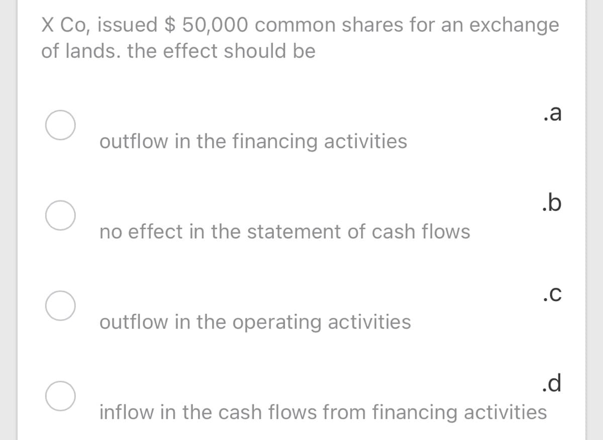 X Co, issued $ 50,000 common shares for an exchange
of lands. the effect should be
.a
outflow in the financing activities
.b
no effect in the statement of cash flows
.C
outflow in the operating activities
.d
inflow in the cash flows from financing activities
