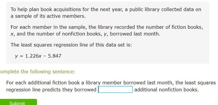 To help plan book acquisitions for the next year, a public library collected data on
a sample of its active members.
For each member in the sample, the library recorded the number of fiction books,
x, and the number of nonfiction books, y, borrowed last month.
The least squares regression line of this data set is:
y = 1.226x - 5.847
omplete the following sentence:
For each additional fiction book a library member borrowed last month, the least squares
regression line predicts they borrowed
additional nonfiction books.
Submit
