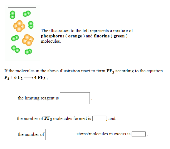 The illustration to the left represents a mixture of
phosphorus ( orange ) and fluorine ( green )
molecules.
If the molecules in the above illustration react to form PF3 according to the equation
P4 + 6 F2 →4 PF3.
the limiting reagent is
the number of PF3 molecules formed is|
and
the number of
atoms/molecules in excess is
