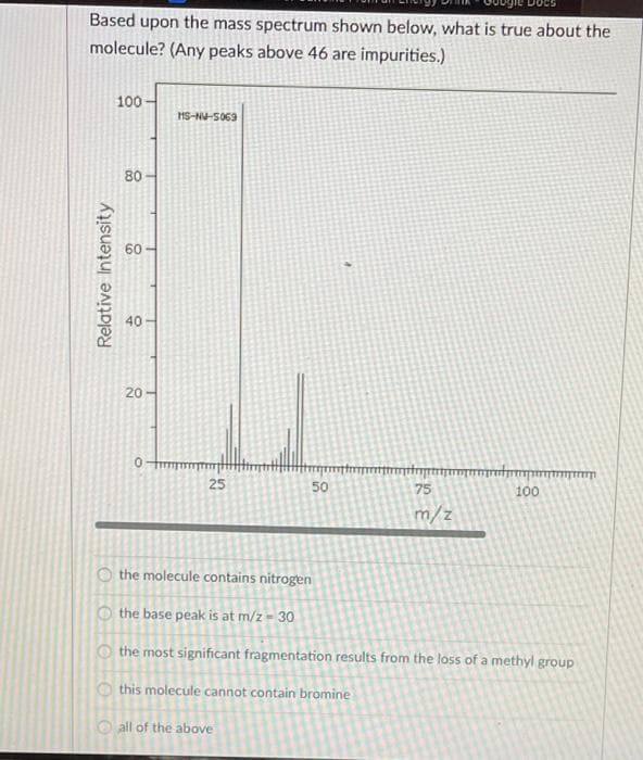 Based upon the mass spectrum shown below, what is true about the
molecule? (Any peaks above 46 are impurities.)
100
HS-NU-S069
80
60
40
20
25
50
75
100
m/z
O the molecule contains nitrogen
the base peak is at m/z = 30
the most significant fragmentation results from the loss of a methyl group
this molecule cannot contain bromine
all of the above
Relative Intensity
O O

