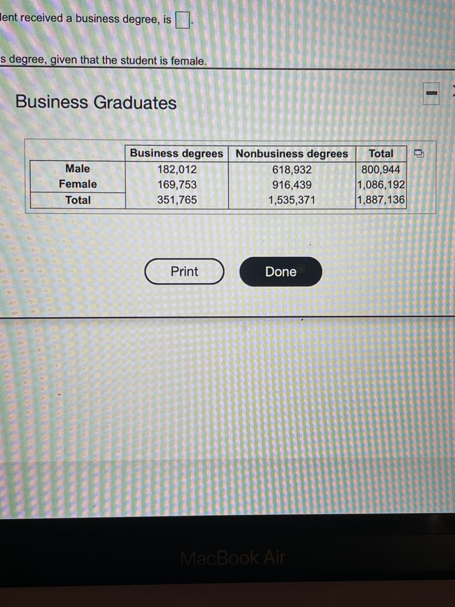 lent received a business degree, is
s degree, given that the student is female.
Business Graduates
Business degrees Nonbusiness degrees
Total
Male
182,012
618,932
800,944
1,086,192
1,887,136
Female
169,753
916,439
Total
351,765
1,535,371
Print
Done
MacBook Air
