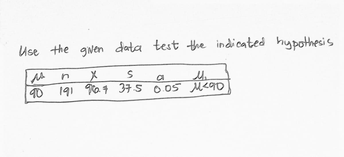Use the given data test the indicated hypothesis
As
n
X
S
a
191 96.7 37.5 0.05 M²90
10