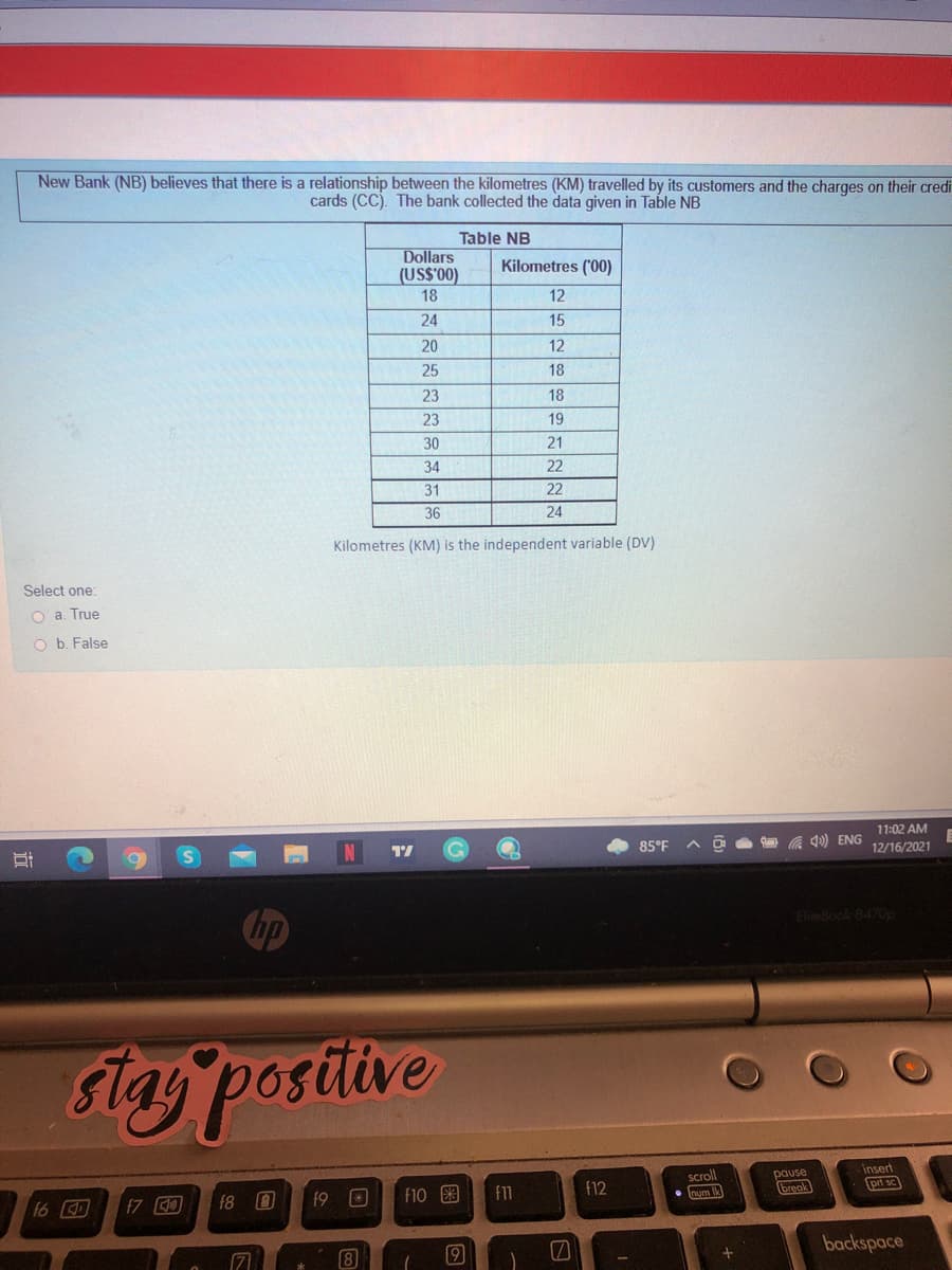 New Bank (NB) believes that there is a relationship between the kilometres (KM) travelled by its customers and the charges on their credi
cards (CC). The bank collected the data given in Table NB
Table NB
Dollars
(US$'00)
Kilometres ('00)
18
12
24
15
20
12
25
18
23
18
23
19
30
21
34
22
31
36
24
Kilometres (KM) is the independent variable (DV)
Select one:
O a. True
O b. False
11:02 AM
4) ENG
85°F
12/16/2021
Chp
ElieBook 8470p
stay positive
scroll
num k
pause
break
insert
pri sc
f10
f1
f12
16
17 0
f8 0
f9
backspace
8
