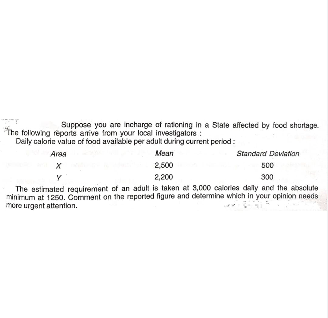 Suppose you are incharge of rationing in a State affected by food shortage.
The following rëports arrive from your local investigators :
Daily calorie value of food available per adult during current period:
Area
Mean
Standard Deviation
2,500
500
Y
2,200
300
The estimated requirement of an adult is taken at 3,000 calories daily and the absolute
minimum at 1250. Comment on the reported figure and determine which in your opinion needs
more urgent attention.
