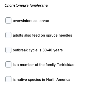 Choristoneura fumiferana
overwinters as larvae
| adults also feed on spruce needles
| outbreak cycle is 30-40 years
is a member of the family Tortricidae
U is native species in North America

