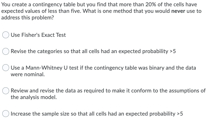 You create a contingency table but you find that more than 20% of the cells have
expected values of less than five. What is one method that you would never use to
address this problem?
Use Fisher's Exact Test
Revise the categories so that all cells had an expected probability >5
Use a Mann-Whitney U test if the contingency table was binary and the data
were nominal.
Review and revise the data as required to make it conform to the assumptions of
the analysis model.
Increase the sample size so that all cells had an expected probability >5
