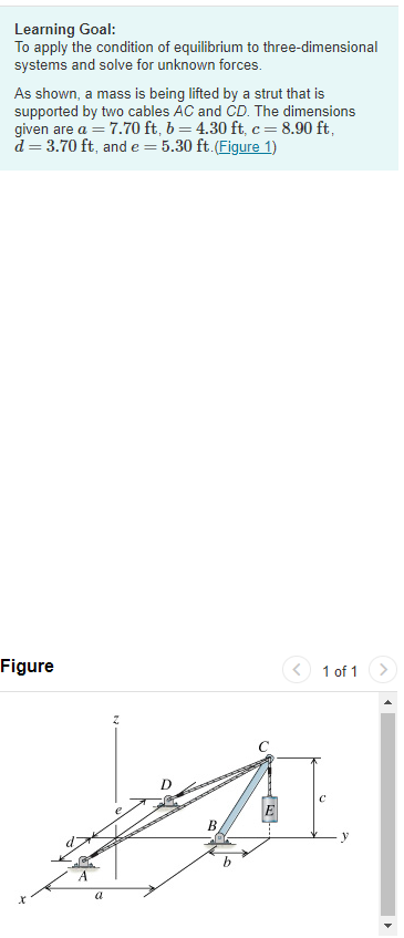 Learning Goal:
To apply the condition of equilibrium to three-dimensional
systems and solve for unknown forces.
As shown, a mass is being lifted by a strut that is
supported by two cables AC and CD. The dimensions
given are a = 7.70 ft, b = 4.30 ft, c = 8.90 ft,
d = 3.70 ft, and e = 5.30 ft.(Figure 1)
Figure
1 of 1
E
B.
a
