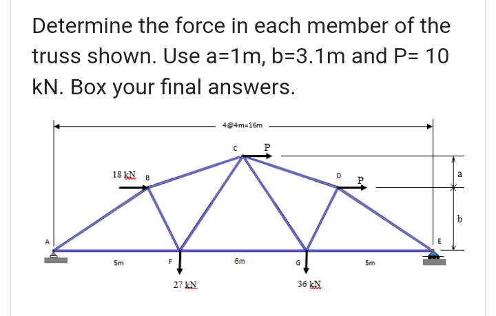 Determine the force in each member of the
truss shown. Use a=1m, b=3.1m and P= 10
kN. Box your final answers.
4@4m=16m
P
18 kN B
a
5m
6m
G
5m
27 kN
36 KN
