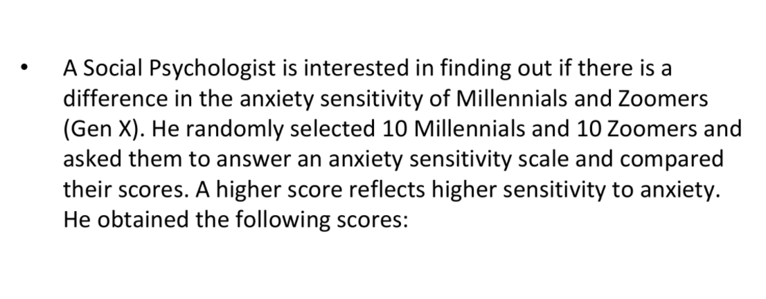 A Social Psychologist is interested in finding out if there is a
difference in the anxiety sensitivity of Millennials and Zoomers
(Gen X). He randomly selected 10 Millennials and 10 Zoomers and
asked them to answer an anxiety sensitivity scale and compared
their scores. A higher score reflects higher sensitivity to anxiety.
He obtained the following scores:
