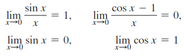 sin x
= 1,
cos x – 1
lim
lim
= 0.
lim sin x =
0,
lim cos x = 1
