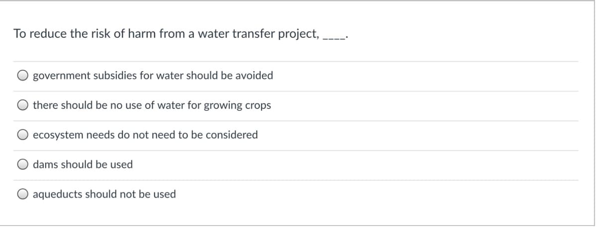 To reduce the risk of harm from a water transfer project,
government subsidies for water should be avoided
there should be no use of water for growing crops
ecosystem needs do not need to be considered
dams should be used
O aqueducts should not be used
