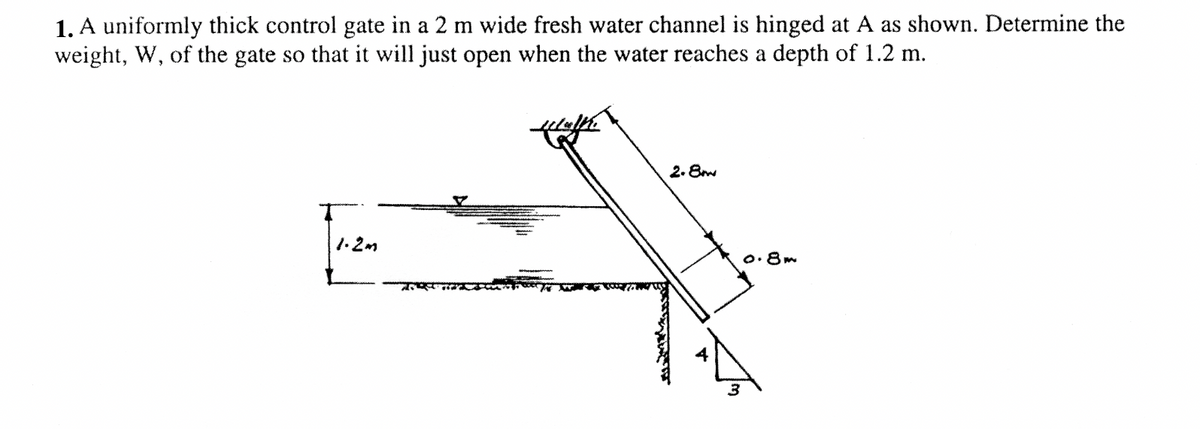 1. A uniformly thick control gate in a 2 m wide fresh water channel is hinged at A as shown. Determine the
weight, W, of the gate so that it will just open when the water reaches a depth of 1.2 m.
2. 8
1.2m
o.8m
स ्
3
