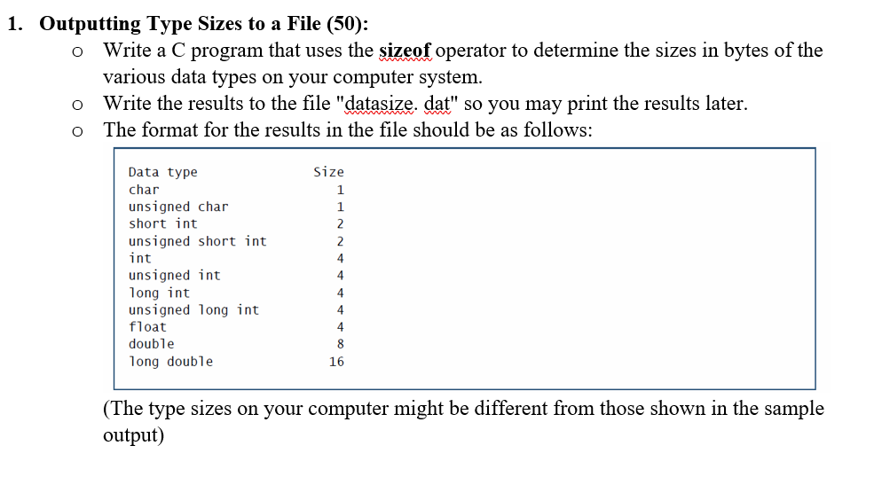 1. Outputting Type Sizes to a File (50):
Write a C program that uses the sizeof operator to determine the sizes in bytes of the
various data types on your computer system.
Write the results to the file "datasize. dat" so you may print the results later.
The format for the results in the file should be as follows:
Data type
Size
char
1
unsigned char
short int
2
unsigned short int
int
2
unsigned int
long int
unsigned long int
float
4
4
4
double
8
long double
16
(The type sizes on your computer might be different from those shown in the sample
output)
