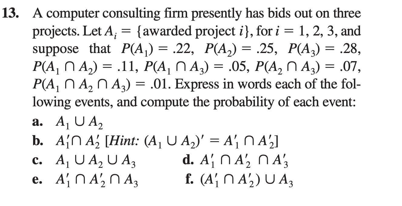 A computer consulting firm presently has bids out on three
projects. Let A, = {awarded project i}, for i = 1, 2, 3, and
suppose that P(A,) =
P(A, N A.) = .11, P(A, N A;) = .05, P(A, N A,) = .07,
P(A, N A, N A,) = .01. Express in words each of the fol-
lowing events, and compute the probability of each event:
a. A, U A2
b. A{N A; [Hint: (A¡ U A,)' = A¡ N A']
c. A, U A, U A3
e. A N A', N A3
3 .22, Р(А) 3 .25, Р(А,) %3 .28,
d. A¡ N A', NA'3
f. (A' N A';) U A3
