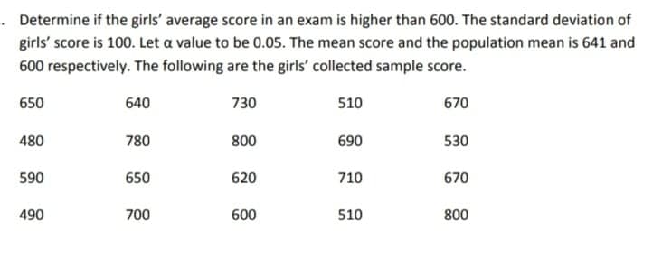 . Determine if the girls' average score in an exam is higher than 600. The standard deviation of
girls' score is 100. Let a value to be 0.05. The mean score and the population mean is 641 and
600 respectively. The following are the girls' collected sample score.
650
640
730
510
670
480
780
800
690
530
590
650
620
710
670
490
700
600
510
800
