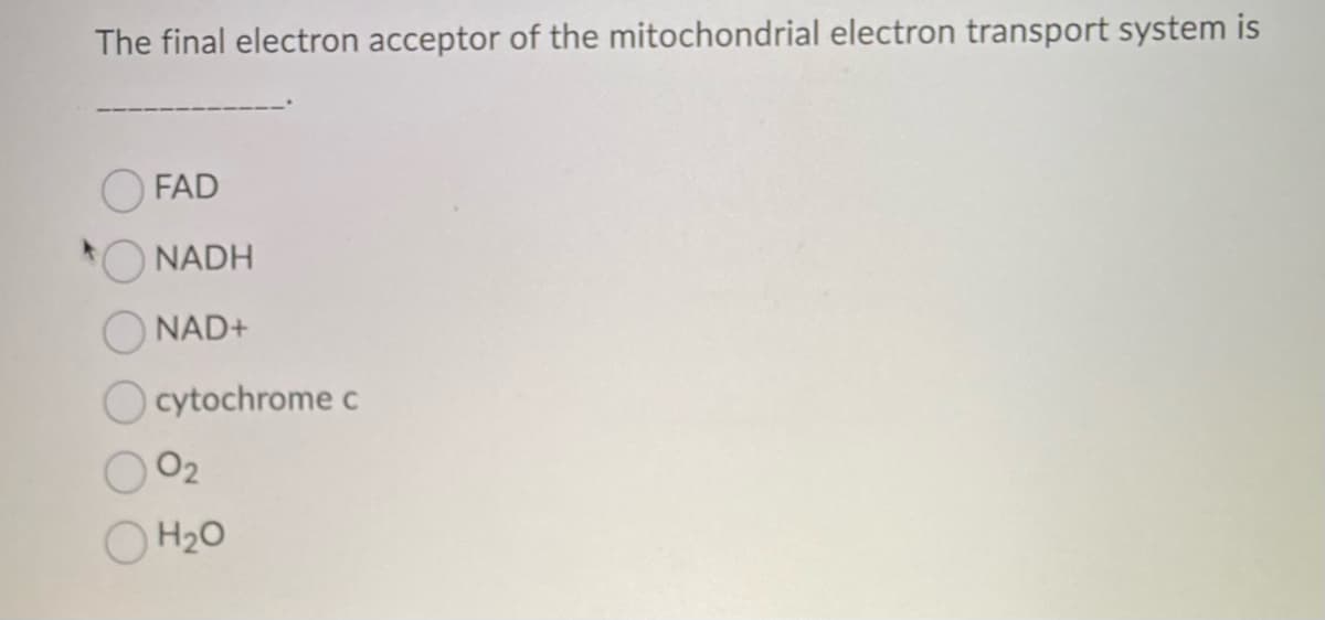 The final electron acceptor of the mitochondrial electron transport system is
FAD
NADH
NAD+
cytochrome c
H₂O