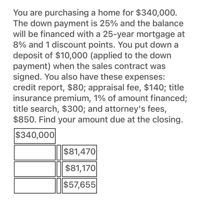 You are purchasing a home for $340,000.
The down payment is 25% and the balance
will be financed with a 25-year mortgage at
8% and 1 discount points. You put down a
deposit of $10,000 (applied to the down
payment) when the sales contract was
signed. You also have these expenses:
credit report, $80; appraisal fee, $140; title
insurance premium, 1% of amount financed;
title search, $300; and attorney's fees,
$850. Find your amount due at the closing.
$340,000
$81,470
$81,170
$57,655