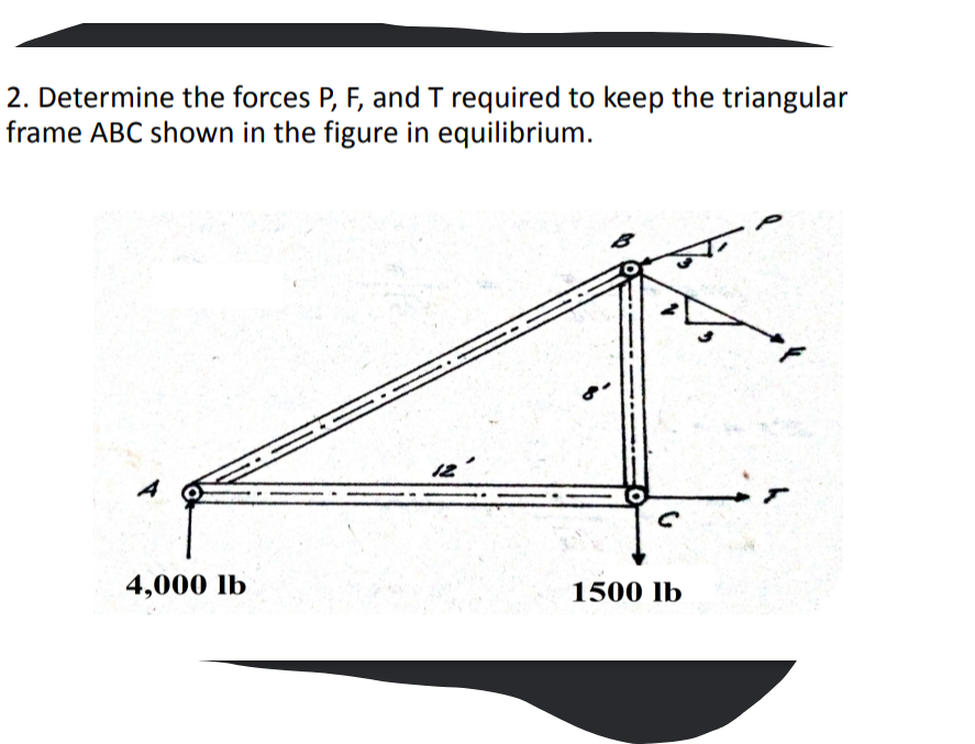 2. Determine the forces P, F, and T required to keep the triangular
frame ABC shown in the figure in equilibrium.
12'
A
4,000 lb
1500 lb
