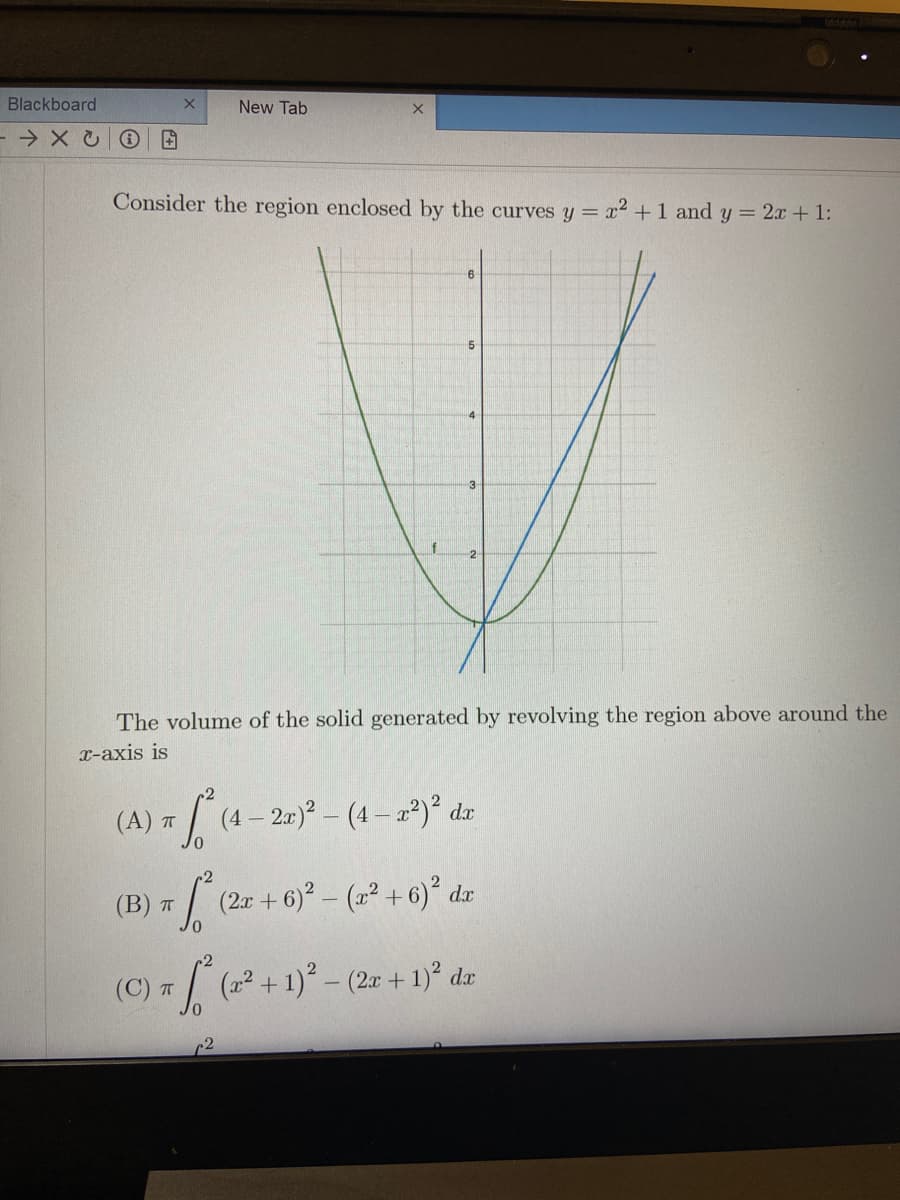 Blackboard
New Tab
Consider the region enclosed by the curves y = x2 + 1 and y = 2x + 1:
6
The volume of the solid generated by revolving the region above around the
x-axis is
(A) (4- 2r) – (4 – 2º)² dz
01
(В) т
(2r + 6)? – (x² + 6)° dx
(C) ㅠ (22+ 1).-(2r + 1)2 dr
