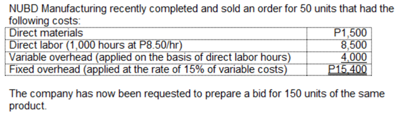 NUBD Manufacturing recently completed and sold an order for 50 units that had the
following costs:
Direct materials
Direct labor (1,000 hours at P8.50/hr)
Variable overhead (applied on the basis of direct labor hours)
Fixed overhead (applied at the rate of 15% of variable costs)
P1,500
8,500
4,000
P15.400
The company has now been requested to prepare a bid for 150 units of the same
product.
