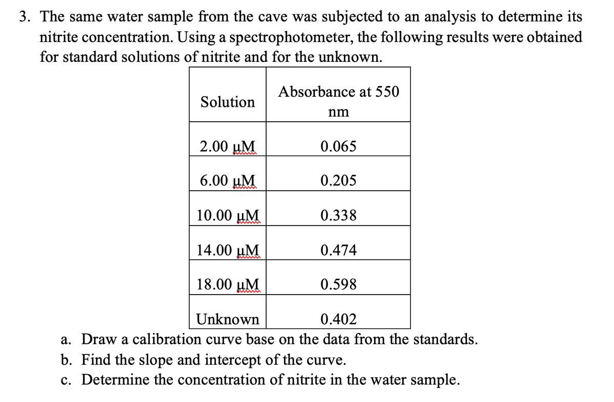 3. The same water sample from the cave was subjected to an analysis to determine its
nitrite concentration. Using a spectrophotometer, the following results were obtained
for standard solutions of nitrite and for the unknown.
Absorbance at 550
Solution
nm
2.00 µM
0.065
6.00 µM
0.205
10.00 µM
0.338
14.00 µM
0.474
hinm
18.00 µM
0.598
tinm
Unknown
0.402
a. Draw a calibration curve base on the data from the standards.
b. Find the slope and intercept of the curve.
c. Determine the concentration of nitrite in the water sample.
