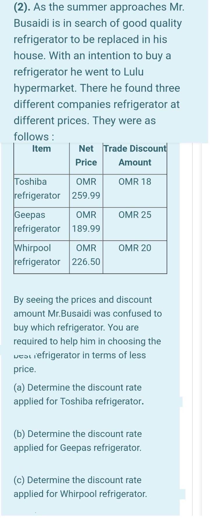 (2). As the summer approaches Mr.
Busaidi is in search of good quality
refrigerator to be replaced in his
house. With an intention to buy a
refrigerator he went to Lulu
hypermarket. There he found three
different companies refrigerator at
different prices. They were as
follows :
Item
Net Trade Discount
Price
Amount
Toshiba
refrigerator 259.99
OMR
OMR 18
Geepas
refrigerator 189.99
OMR
OMR 25
Whirpool
refrigerator 226.50
OMR
OMR 20
By seeing the prices and discount
amount Mr.Busaidi was confused to
buy which refrigerator. You are
required to help him in choosing the
JESt iefrigerator in terms of less
price.
(a) Determine the discount rate
applied for Toshiba refrigerator.
(b) Determine the discount rate
applied for Geepas refrigerator.
(c) Determine the discount rate
applied for Whirpool refrigerator.
