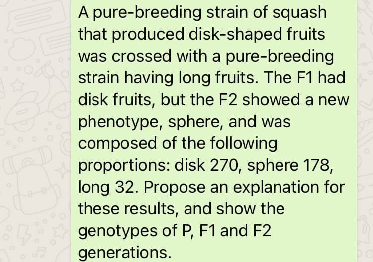 A pure-breeding strain of squash
that produced disk-shaped fruits
was crossed with a pure-breeding
strain having long fruits. The F1 had
disk fruits, but the F2 showed a new
phenotype, sphere, and was
composed of the following
proportions: disk 270, sphere 178,
long 32. Propose an explanation for
these results, and show the
genotypes of P, F1 and F2
generations.
