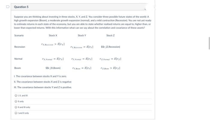 Question 5
Suppose you are thinking about investing in three stocks, X Y, and Z You consider three possibie future states of the world: A
high growth expansion (Boom), a moderate growth expansion (normal), and a mild contraction (Recession). You are not yet ready
to estimate returns in each state of the economy, but you are able to state whether realised returns are equal to, higher than, or
lower than expected returns. With this information what can we say about the correlation and covariance of these assets?
Scenario
Stock X
Stock Y
Stock Z
Recession
Y Re = Elryrl
r.IZ.Recession)
Normal
Nar Elrxl
YNu= Elryl
S$r. X.Boom)
Boom
= Elryl
FZm > Elrzl
L The covariance between stocks X and Y is zero,
II. The covariance between stocks X and Z is negative
I. The covariance between stocks Y and Z is positive.
Ol only
O l and only
and only
