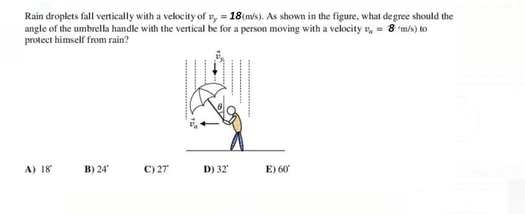 Rain droplets fall vertically with a velocity of v, = 18(m/s). As shown in the figure, what degree should the
angle of the umbrella handle with the vertical be for a person moving with a velocity va = 8 m/s) to
protect himself from rain?
A) 18
B) 24
C) 27
D) 32
E) 60
