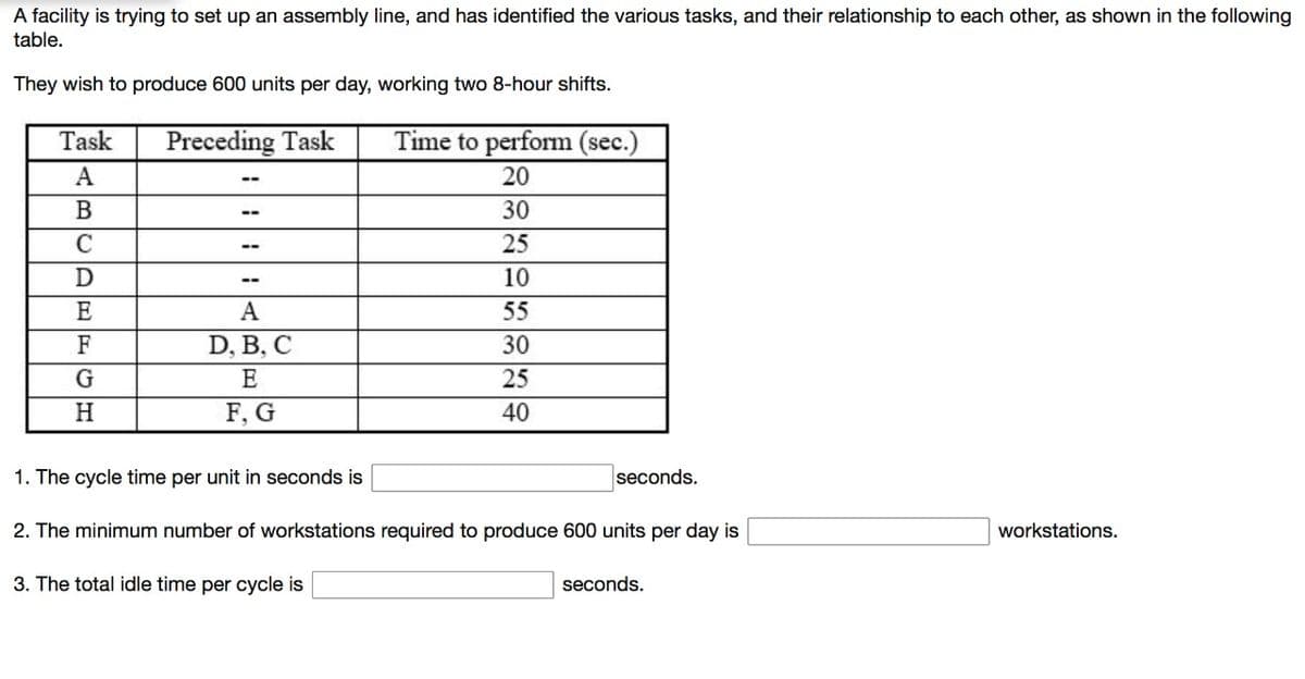 A facility is trying to set up an assembly line, and has identified the various tasks, and their relationship to each other, as shown in the following
table.
They wish to produce 600 units per day, working two 8-hour shifts.
Task
Preceding Task
Time to perform (sec.)
A
20
--
В
30
25
--
10
--
E
А
55
F
D, B, C
30
E
25
H
F, G
40
1. The cycle time per unit in seconds is
seconds.
2. The minimum number of workstations required to produce 600 units per day is
workstations.
3. The total idle time per cycle is
seconds.
