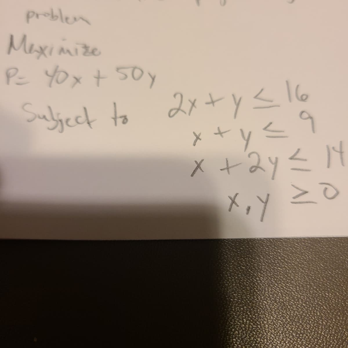 problem
Maximize
Pc YOx t 50y
Sulject to 2x+ y< l6
メ+2y< M
