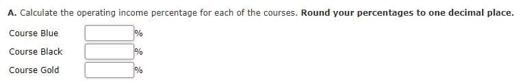 A. Calculate the operating income percentage for each of the courses. Round your percentages to one decimal place.
Course Blue
%
Course Black
%
Course Gold
%
