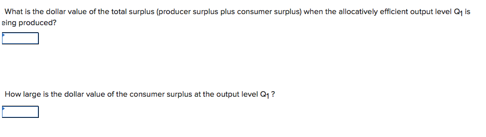 What is the dollar value of the total surplus (producer surplus plus consumer surplus) when the allocatively efficient output level Q1 is
eing produced?
How large is the dollar value of the consumer surplus at the output level Q1?
