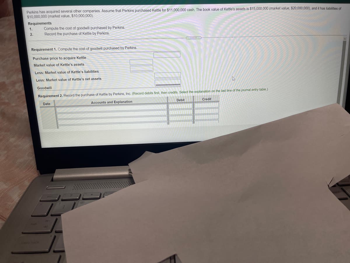 Perkins has acquired several other companies. Assume that Perkins purchased Kettle for $11,000,000 cash. The book value of Kettle's assets is $15,000,000 (market value, $20,000,000), and it has liabilities of
$10,000,000 (market value, $10,000,000).
Requirements
Compute the cost of goodwill purchased by Perkins.
Record the purchase of Kettle by Perkins.
1.
2.
Requirement 1. Compute the cost of goodwill purchased by Perkins.
Purchase price to acquire Kettle
Market value of Kettle's assets
Less: Market value of Kettle's liabilities
Less: Market value of Kettle's net assets
Goodwill
Requirement 2. Record the purchase of Kettle by Perkins, Inc. (Record debits first, then credits. Select the explanation on the last line of the journal entry table.)
Date
Accounts and Explanation
Debit
Credit
