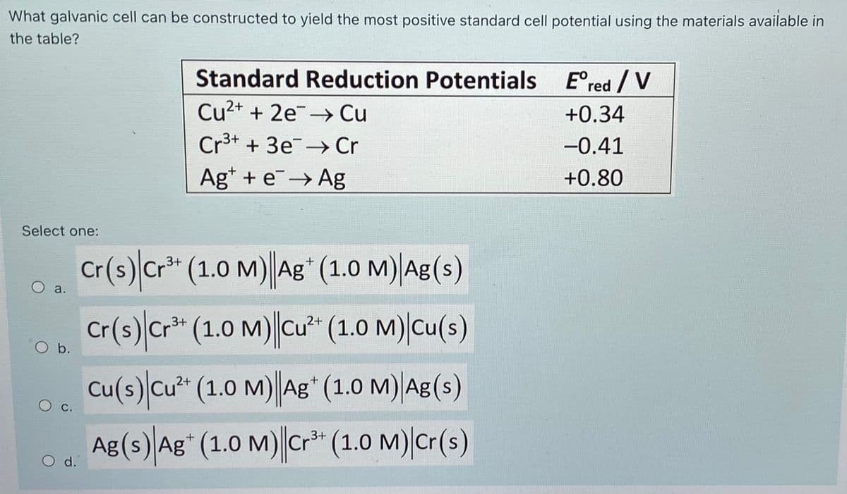 What galvanic cell can be constructed to yield the most positive standard cell potential using the materials available in
the table?
Standard Reduction Potentials
E°red / V
Cu2+ + 2e→ Cu
+0.34
Cr3+ + 3e→ Cr
-0.41
Ag* + e→ Ag
+0.80
|
Select one:
Cr(s) Cr* (1.0 M) Ag* (1.0 M)|Ag(s)
3+
a.
Cr(s) Cr³* (1.0 M) Cu" (1.0 M) Cu(s)
3+
2+
O b.
Cu(s) cu" (1.0 M)||Ag (1.0 M)|Ag(s)
Ag(s) Ag" (1.0 M)|Cr" (1.0 M)|Cr(s)
,2+
+,
3+
d.
