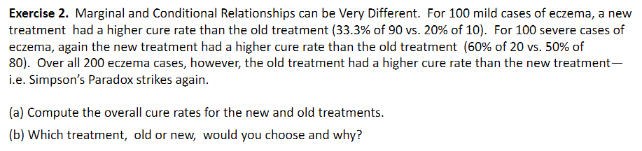 Exercise 2. Marginal and Conditional Relationships can be Very Different. For 100 mild cases of eczema, a new
treatment had a higher cure rate than the old treatment (33.3% of 90 vs. 20% of 10). For 100 severe cases of
eczema, again the new treatment had a higher cure rate than the old treatment (60% of 20 vs. 50% of
80). Over all 200 eczema cases, however, the old treatment had a higher cure rate than the new treatment-
i.e. Simpson's Paradox strikes again.
(a) Compute the overall cure rates for the new and old treatments.
(b) Which treatment, old or new, would you choose and why?
