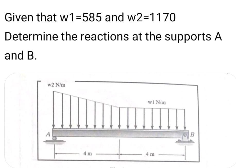 Given that w1%3D585 and w2=1170
Determine the reactions at the supports A
and B.
w2 N/m
wl N/m
A
4 m
4 m
