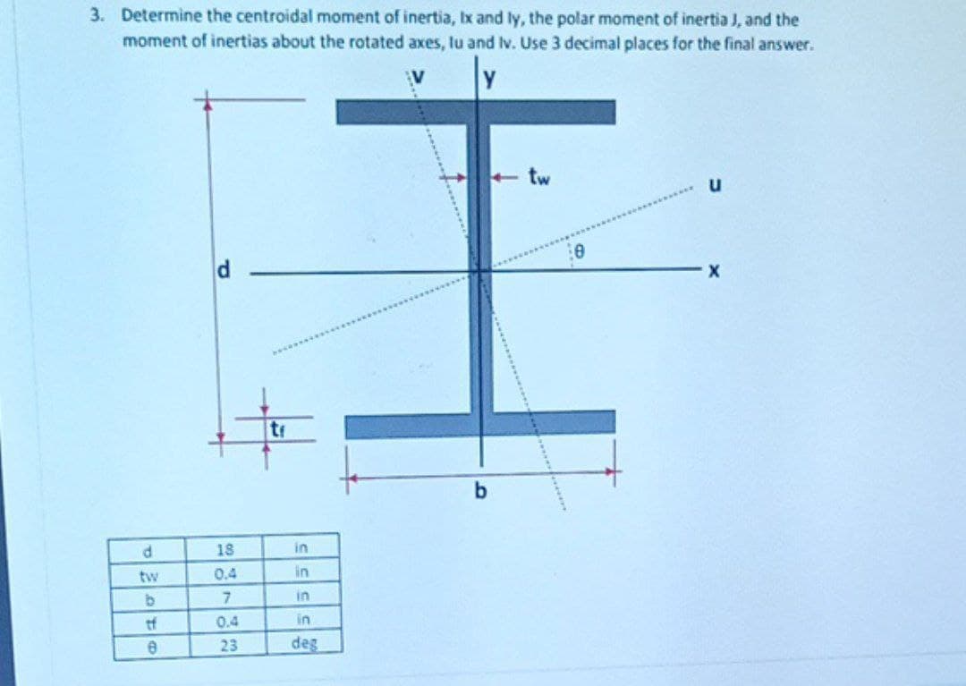 3. Determine the centroidal moment of inertia, Ix and ly, the polar moment of inertia J, and the
moment of inertias about the rotated axes, lu and lv. Use 3 decimal places for the final answer.
tw
tr
d.
18
in
tw
0.4
in
in
tf
0.4
in
23
deg
