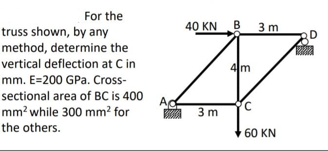 For the
truss shown, by any
40 KN
В
3 m
method, determine the
vertical deflection at C in
4m
mm. E=200 GPa. Cross-
sectional area of BC is 400
mm? while 300 mm2 for
3 m
the others.
60 KN
