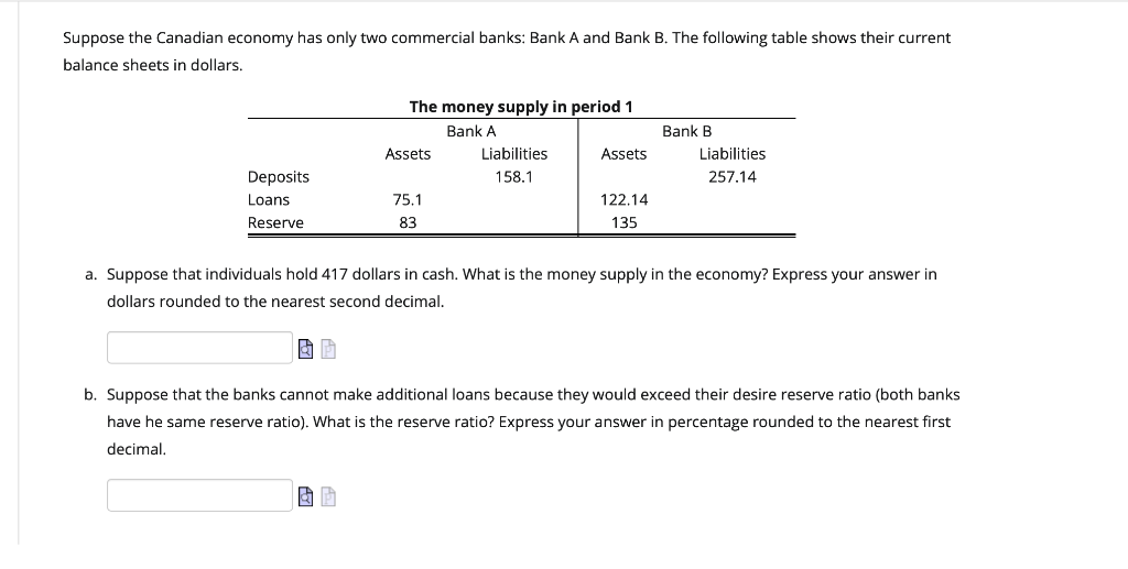 Suppose the Canadian economy has only two commercial banks: Bank A and Bank B. The following table shows their current
balance sheets in dollars.
Deposits
Loans
Reserve
The money supply in period 1
Bank A
& A
Assets
75.1
83
Liabilities
158.1
Assets
122.14
135
Bank B
Liabilities
257.14
a. Suppose that individuals hold 417 dollars in cash. What is the money supply in the economy? Express your answer in
dollars rounded to the nearest second decimal.
& A
b. Suppose that the banks cannot make additional loans because they would exceed their desire reserve ratio (both banks
have he same reserve ratio). What is the reserve ratio? Express your answer in percentage rounded to the nearest first
decimal.